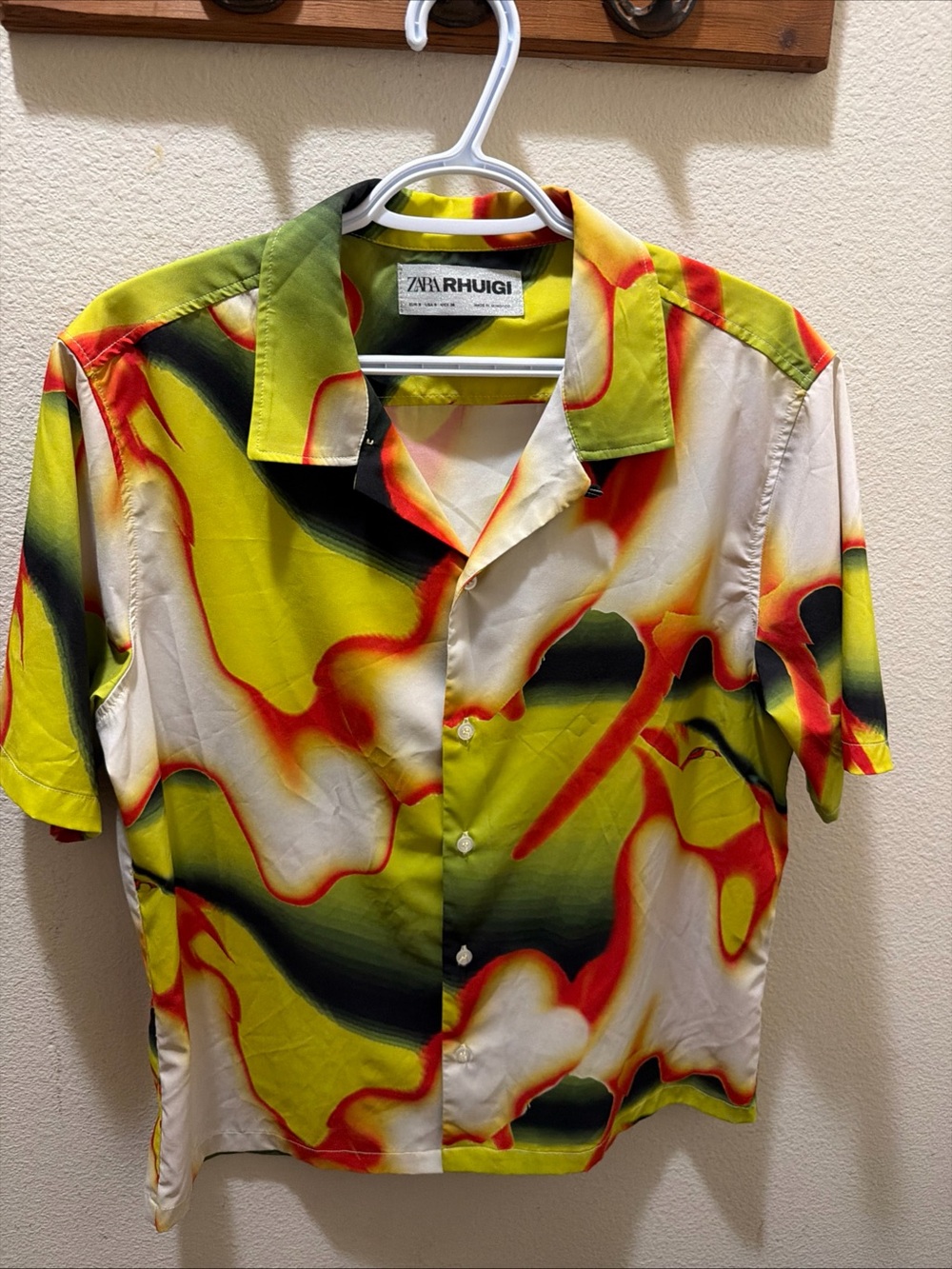 Men's Zara x Rhuigi Print Shirt Rhu Rhude Small Abstract Tie-Dye Green Yellow
